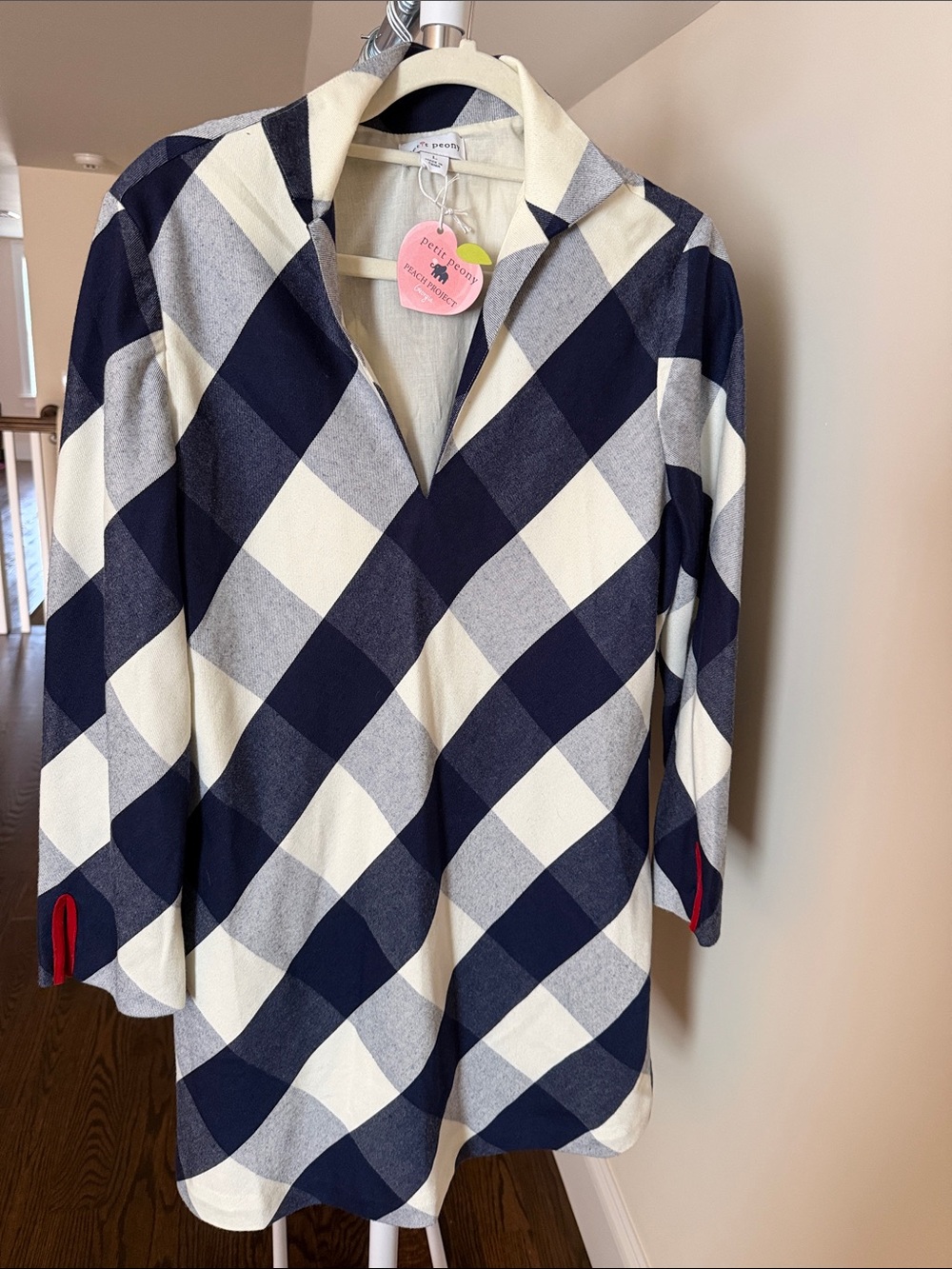 NWT Petit Peony Women’s Navy and Cream Plaid Shift Shirt Dress